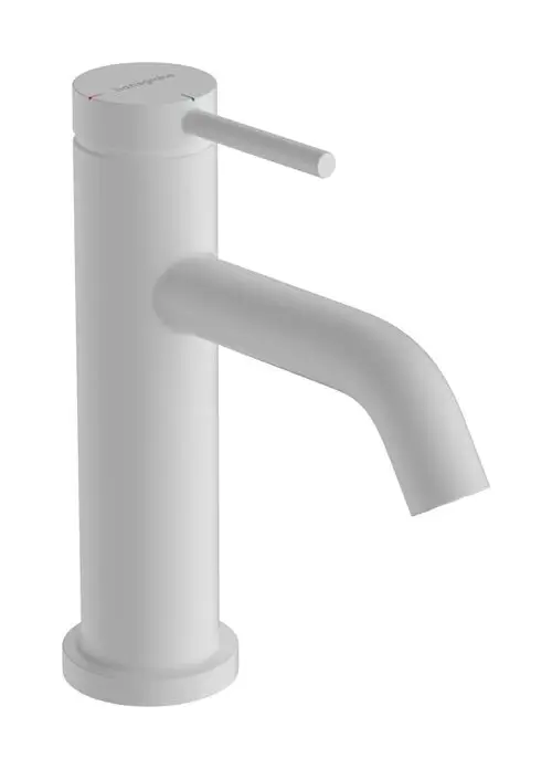 Weißer Einhebel-Waschtischmischer von Hansgrohe mit runder, schlanker Form und seitlichem Hebel zur Temperaturregulierung, montiert auf einem stabilen Standfuß.